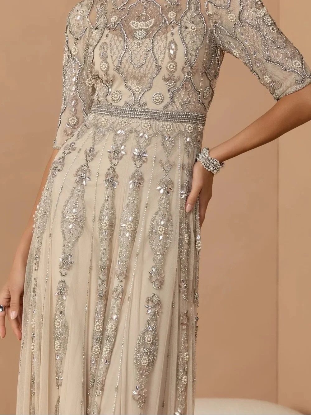 Mac Duggal 10115 Beige 3/4 Sleeve Embellished A-line Gown sz 10